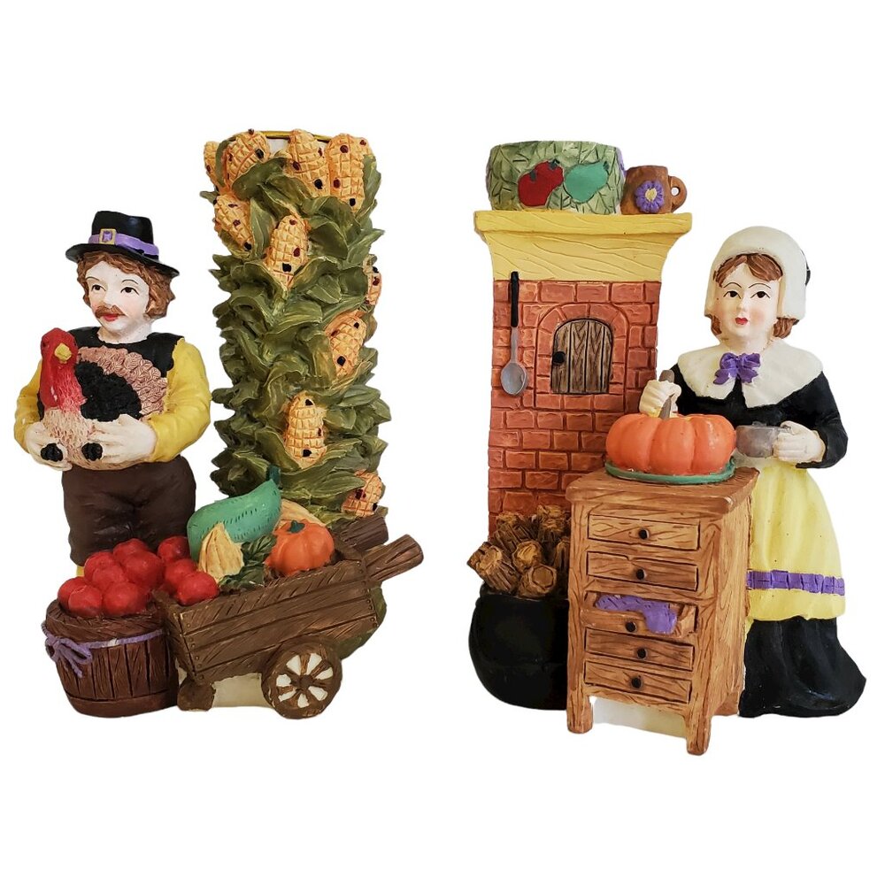 Vintage Pilgrim Thanksgiving Candle Holders 2 Pc Settler Pioneer Man & Woman 5"